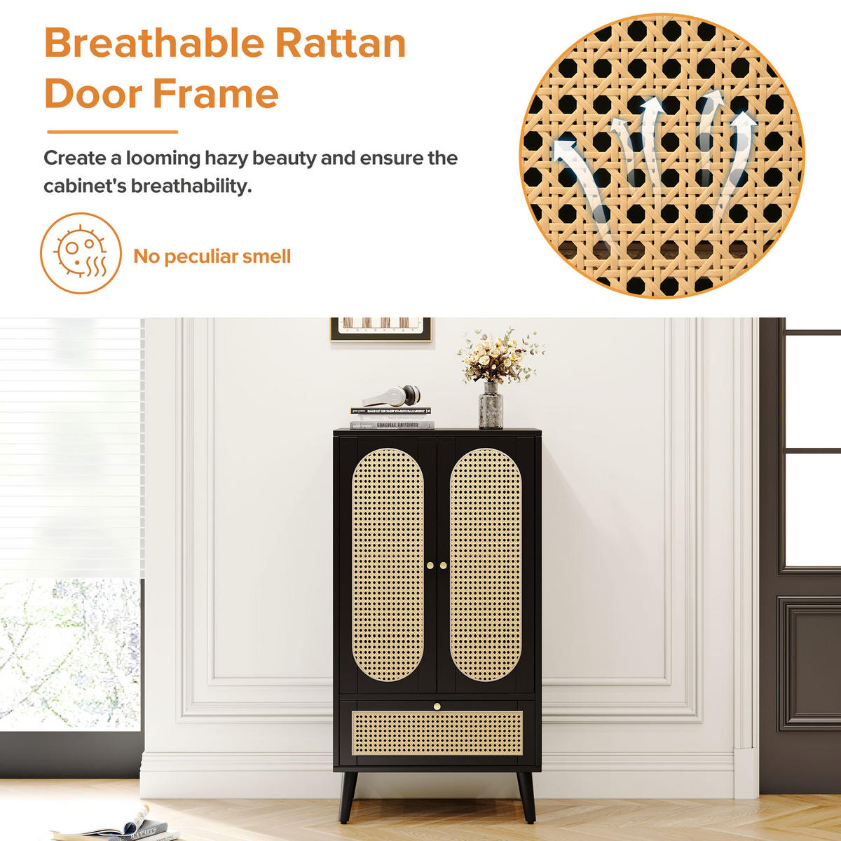 HIGHBOARD Aus Rattan Schwarz 60/40/110,5 cm - Schwarz, Holzwerkstoff/Metall (40/110.5/60cm) - Urban Meuble