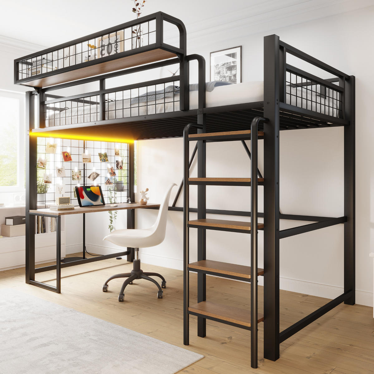 HOCHBETT 90/200 cm in Schwarz mit Schreibtisch, Ablagekorb, LED und Steckdose Metall-Design - Schwarz, Holzwerkstoff/Metall (90/200cm) - STILVORA