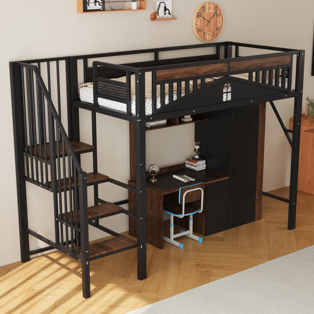 HOCHBETT 90/200 cm aus Metall mit Sicherheitsleiter, Stauraum und Fenster-Design, Schwarz - Schwarz, Metall (90/200cm) - Redom