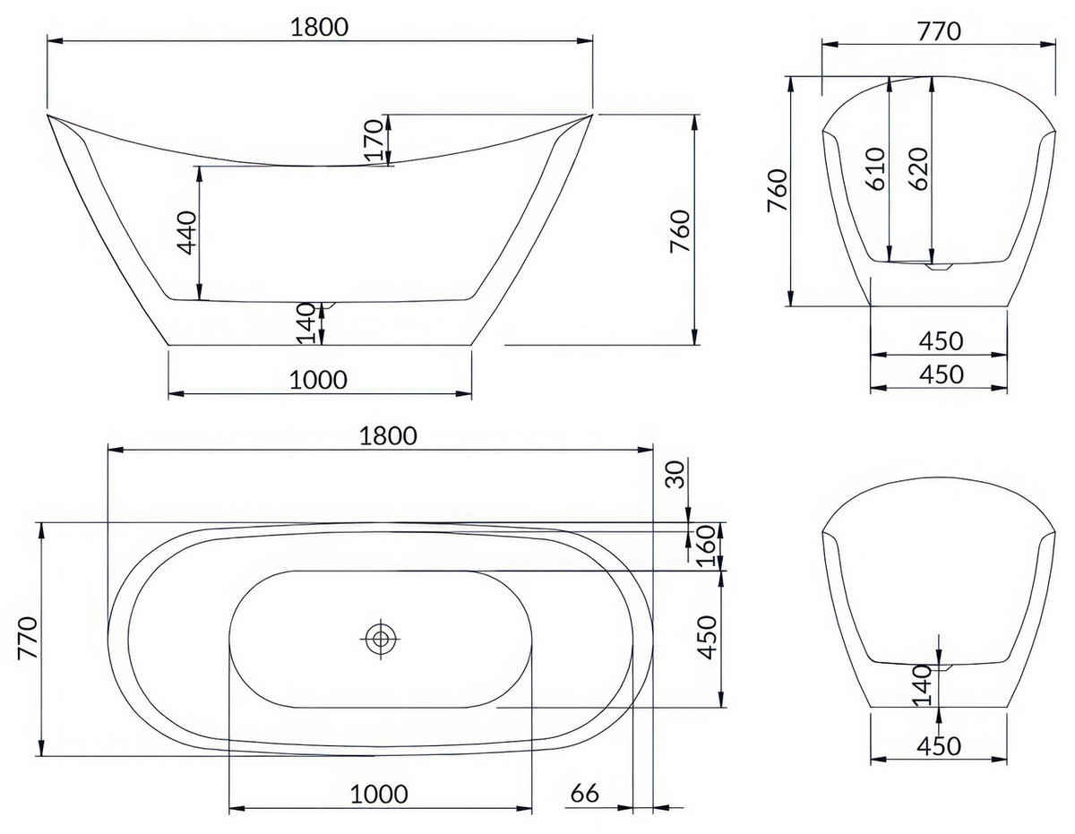 BADEWANNE ivar freistehend 180x80 cm, Set mit Klick-Klack-Ablauf - Weiß, Kunststoff (80/76/180cm) - bad land