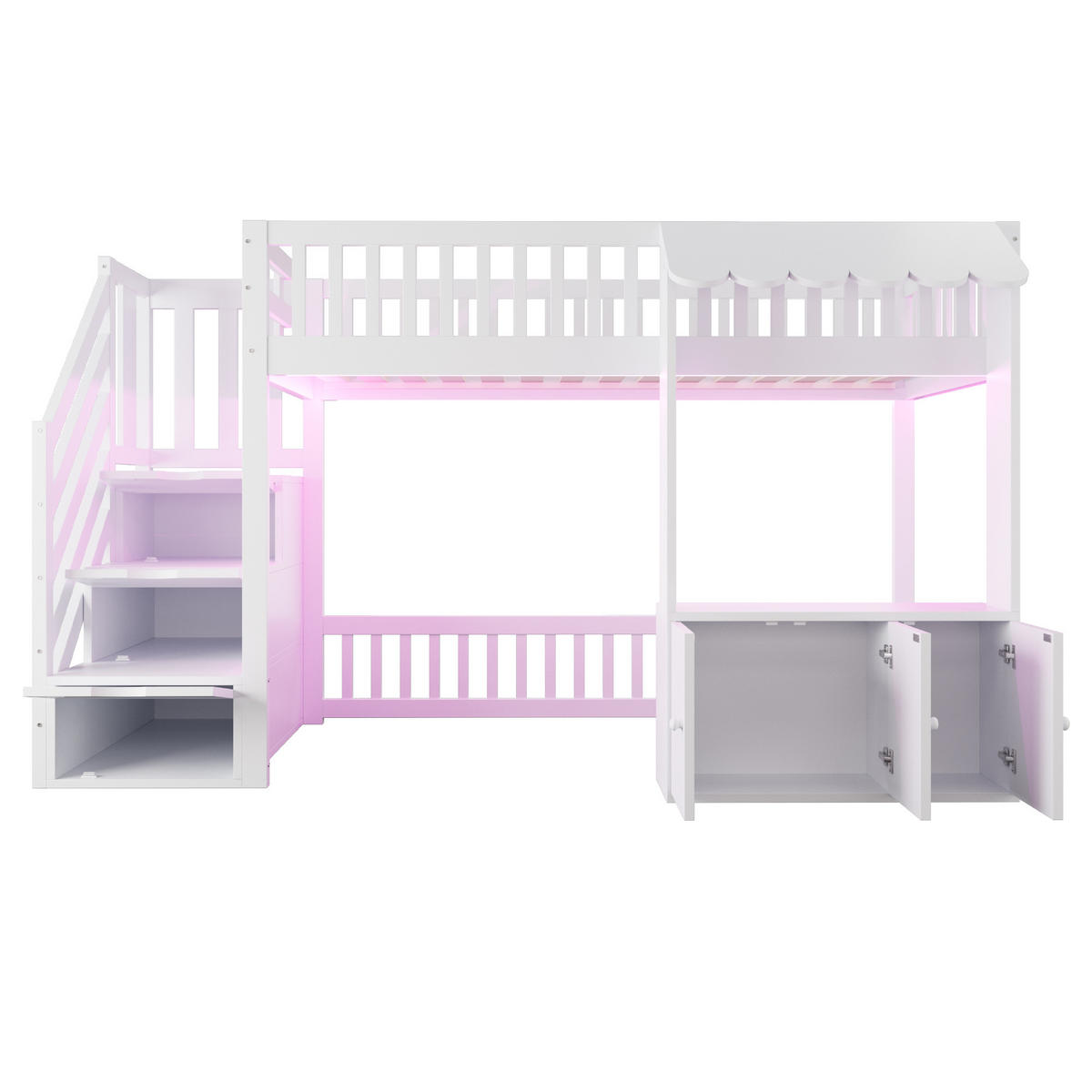 HOCHBETT 90/200 cm in Weiß mit Stauraumtreppe, Schrank und LED - Weiß, Holz/Holzwerkstoff (90/200cm) - STILVORA