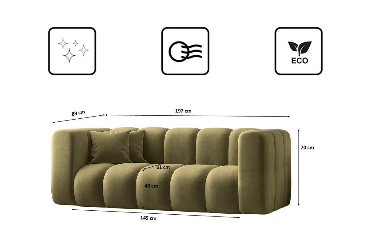COUCH Sofa, Zweisitzer-Sofa Grand Modular Stoff Salvador Olive - Olivgrün, Holz (197/70/91cm) - Kaiser Möbel