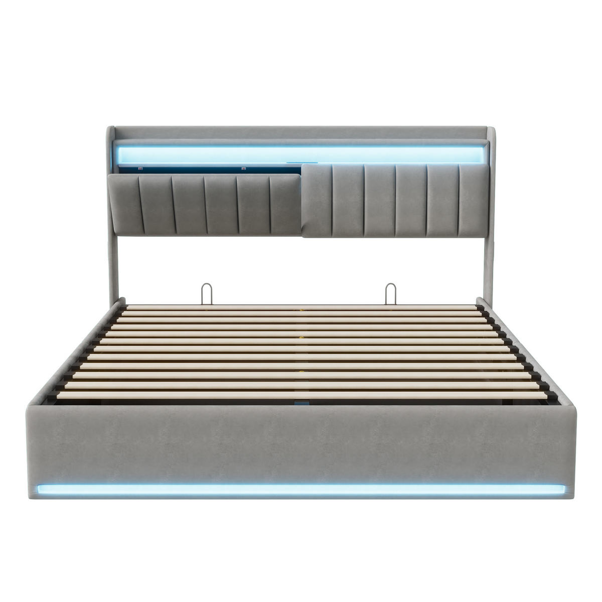 POLSTERBETT 140x200 cm mit LED, USB Und Type-C, Doppelbett mit Bettkasten 140x200, Stauraum, Grau Samt - Grau, Textil/Metall (140/200cm) - GENKI LIVING