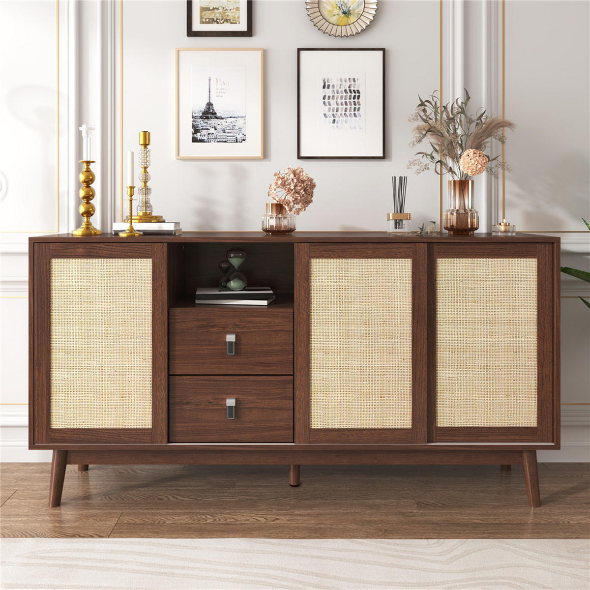 SIDEBOARD Walnussfarbe 155/80/38 cm mit 3 Schiebetüren 2 Schubladen - Walnussfarben, Holz (155/80/38cm) - Kaket