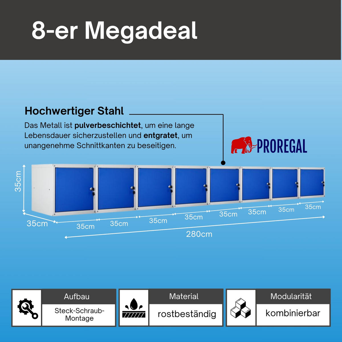 SCHLIESSFACHWÜRFEL Cubic 8er-Set 35x35x35 cm Grau-Blau - Blaugrau, Metall (70/140/35cm) - PROREGAL