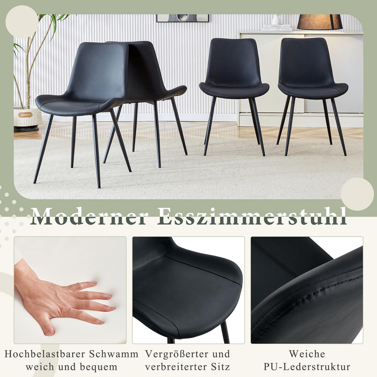 STUHL-SET DE-36498 4 Stück mit Kunstlederbezug Schwarz - Schwarz, Metall (47/83/50cm) - ComfortXL