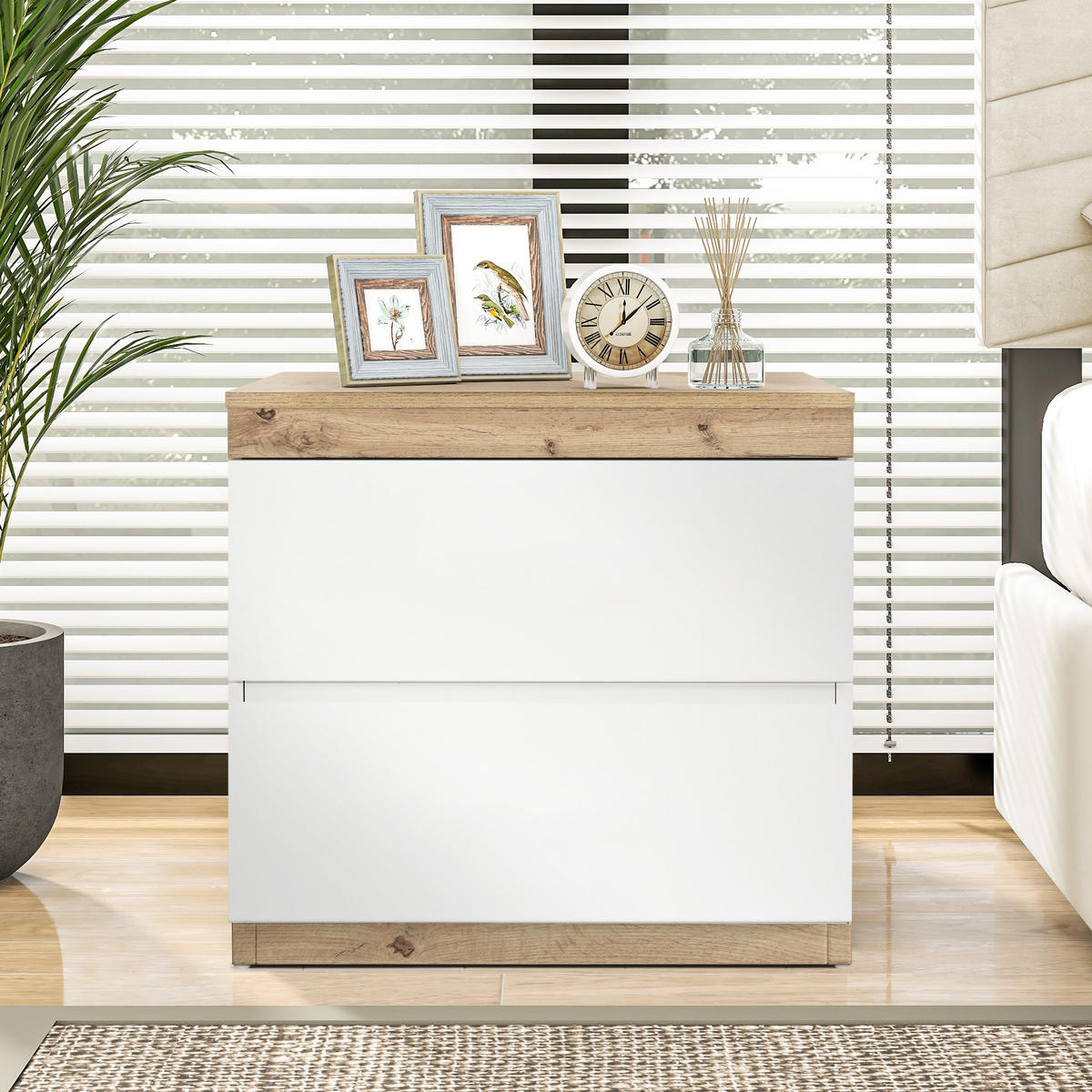 NACHTSCHRANK mit zwei Schubladen, 40/55/55 cm, weiß+oak - Weiß, Holz (40/55/55cm) - Kaket