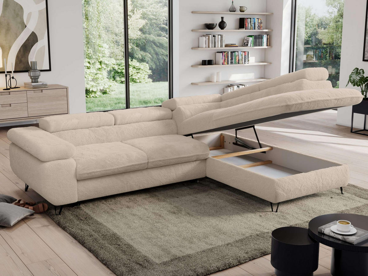 ECKSOFA PEDRO L Ecru Plüsch - Rechts Seite - Ecru/Schwarz, Textil/Metall (273/208cm) - MKS