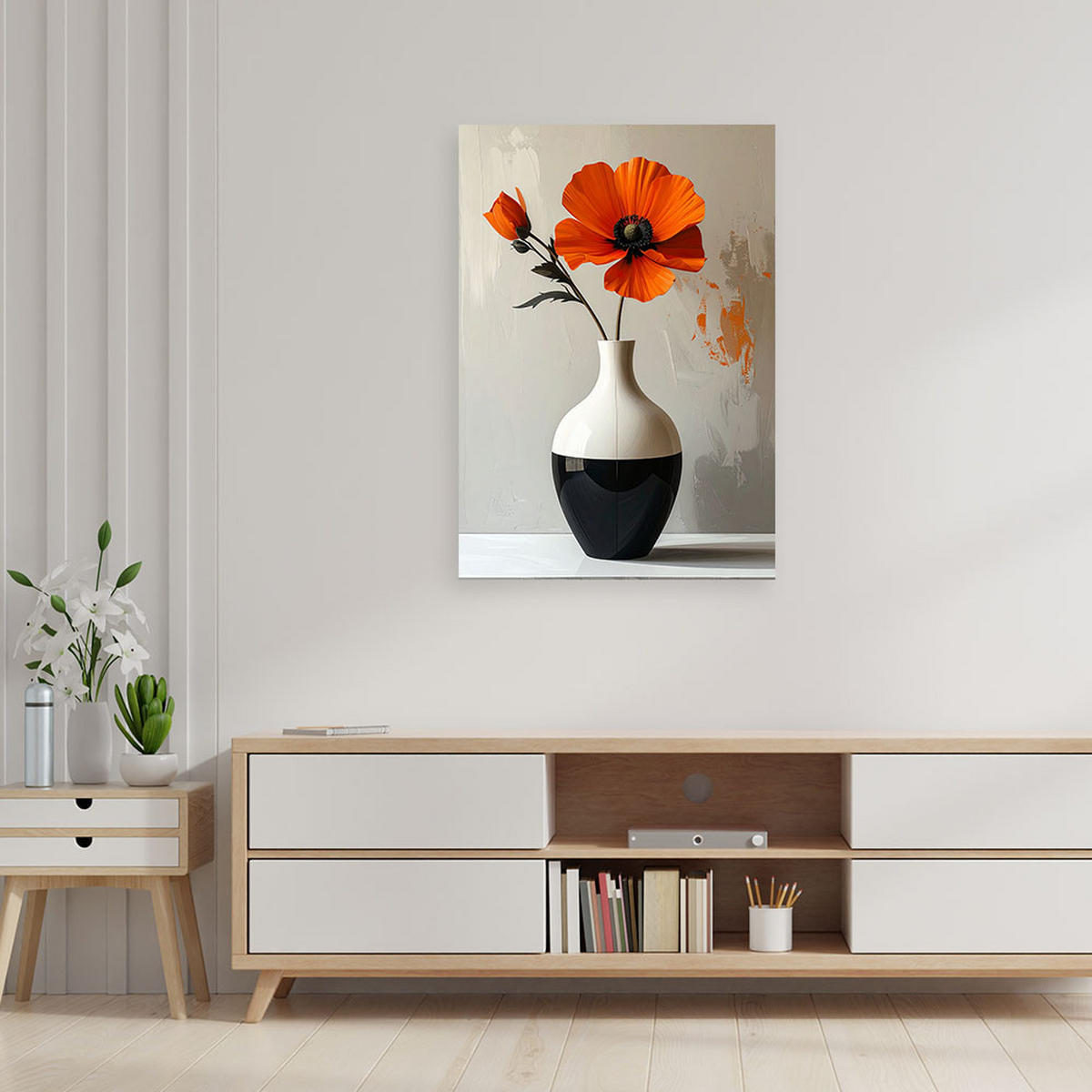 LEINWANDBILD, Orangefarbene Blume in einer modernen schwarz-weißen Vase - Orange, Textil (60/90cm) - Feeby