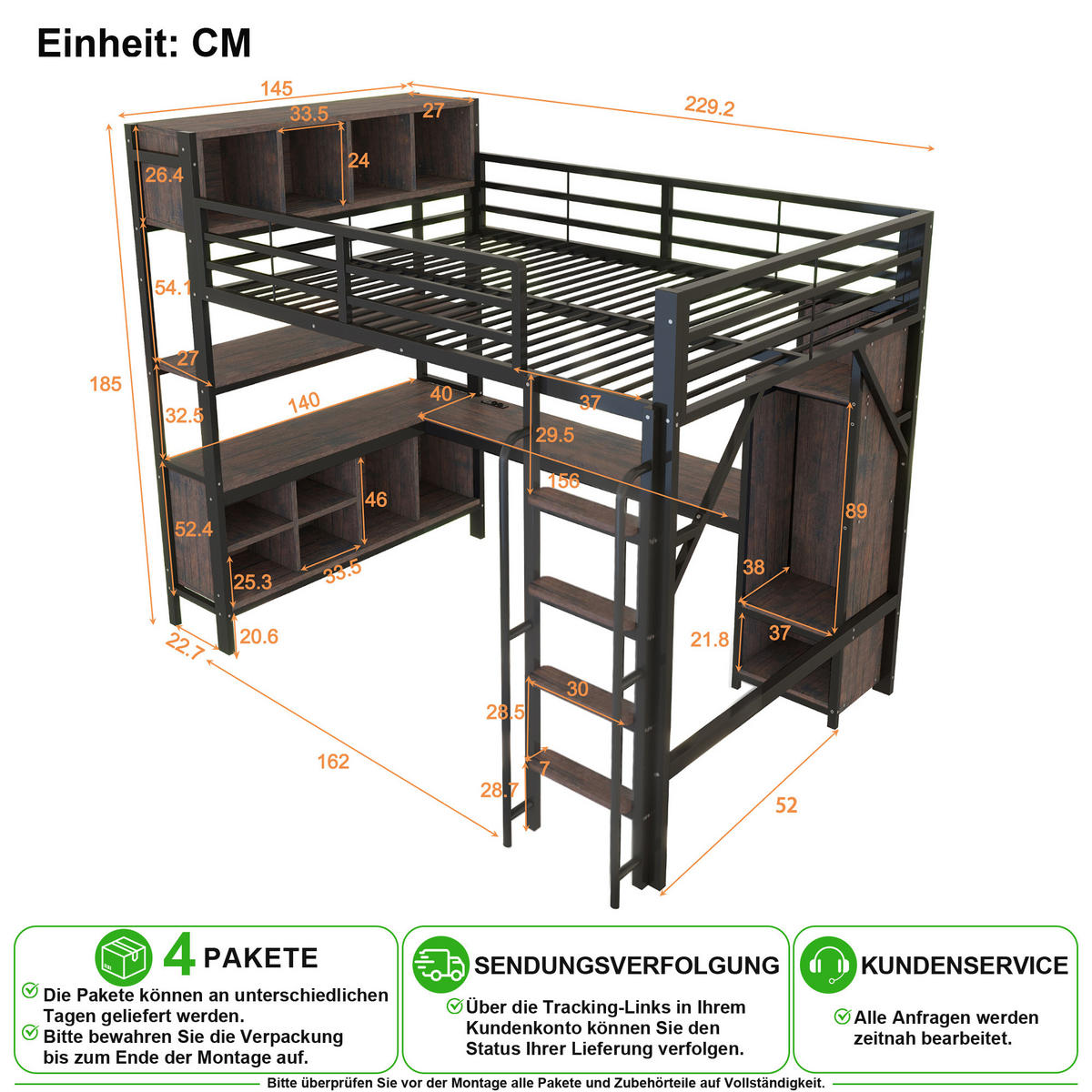 HOCHBETT 140/200 cm in Schwarz mit Schreibtisch, Kleiderschrank, Ablagefächern, LED und Steckdosen - Schwarz, Holzwerkstoff/Metall (140/200cm) - CHICFURN