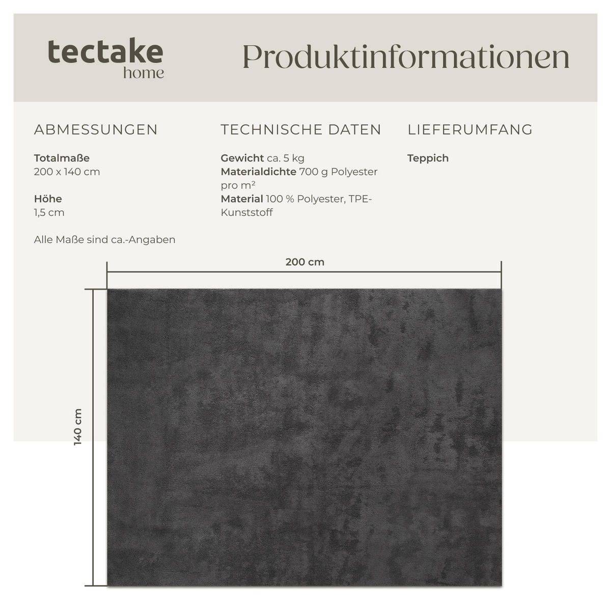 KURZFLORTEPPICH Soft Zone,rutschfeste Unterseite,anthrazit - Anthrazit, Kunststoff (200/140cm) - tectake