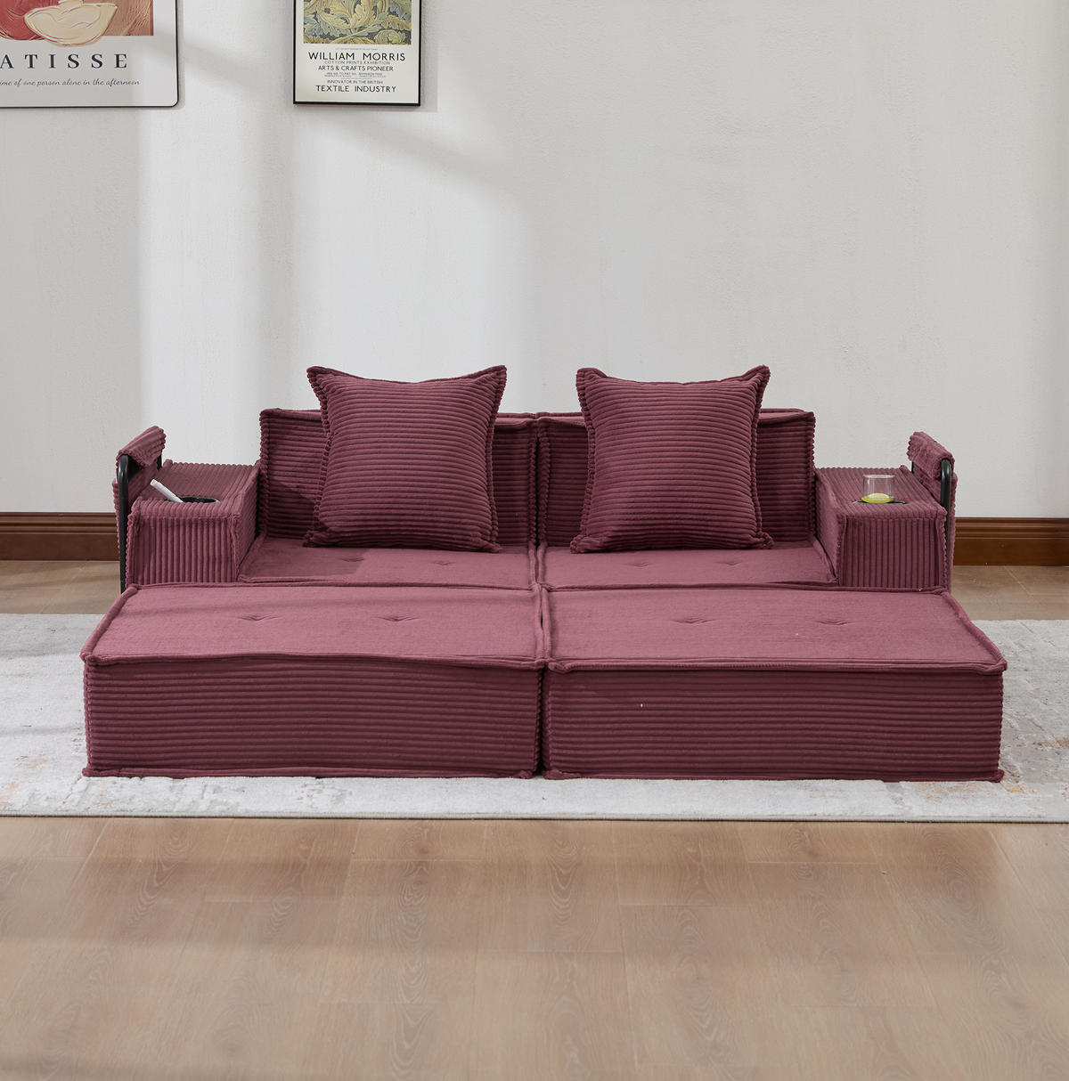 SOFA modular mit Seitentaschen 162 x 78 x 66 cm Cord Weinrot - Rot, Kunststoff (78/66/162cm) - Meubliv