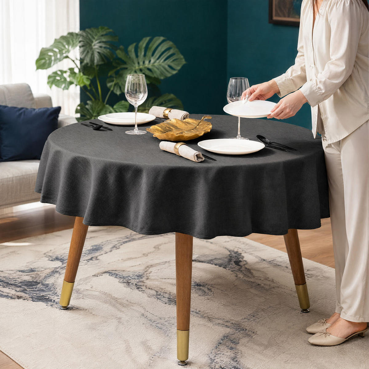 TISCHDECKE rund Ø140 cm Dunkelgrau Leinenoptik wasserabweisend - Dunkelblau, Textil (140/140cm) - SHOPENTRA