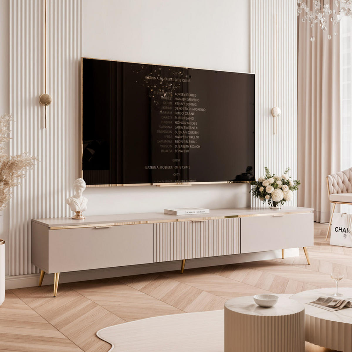 TV-LOWBOARD SELIA mit LED-Beleuchtung, 200 cm Kaschmir - Kaschmir/Goldfarben, Holzwerkstoff/Metall (200/42/35cm) - Idohome