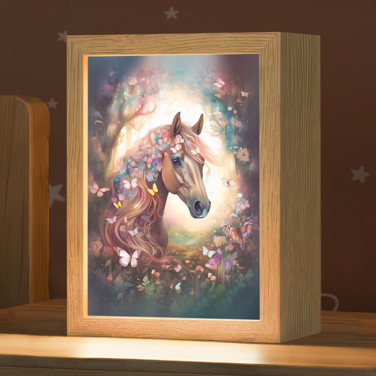 NACHTTISCHLAMPE Pferd - Natur - Blumen - Schmetterlinge - Wald 15x20 cm - Dunkelbraun, Holzwerkstoff (8/15/20cm)