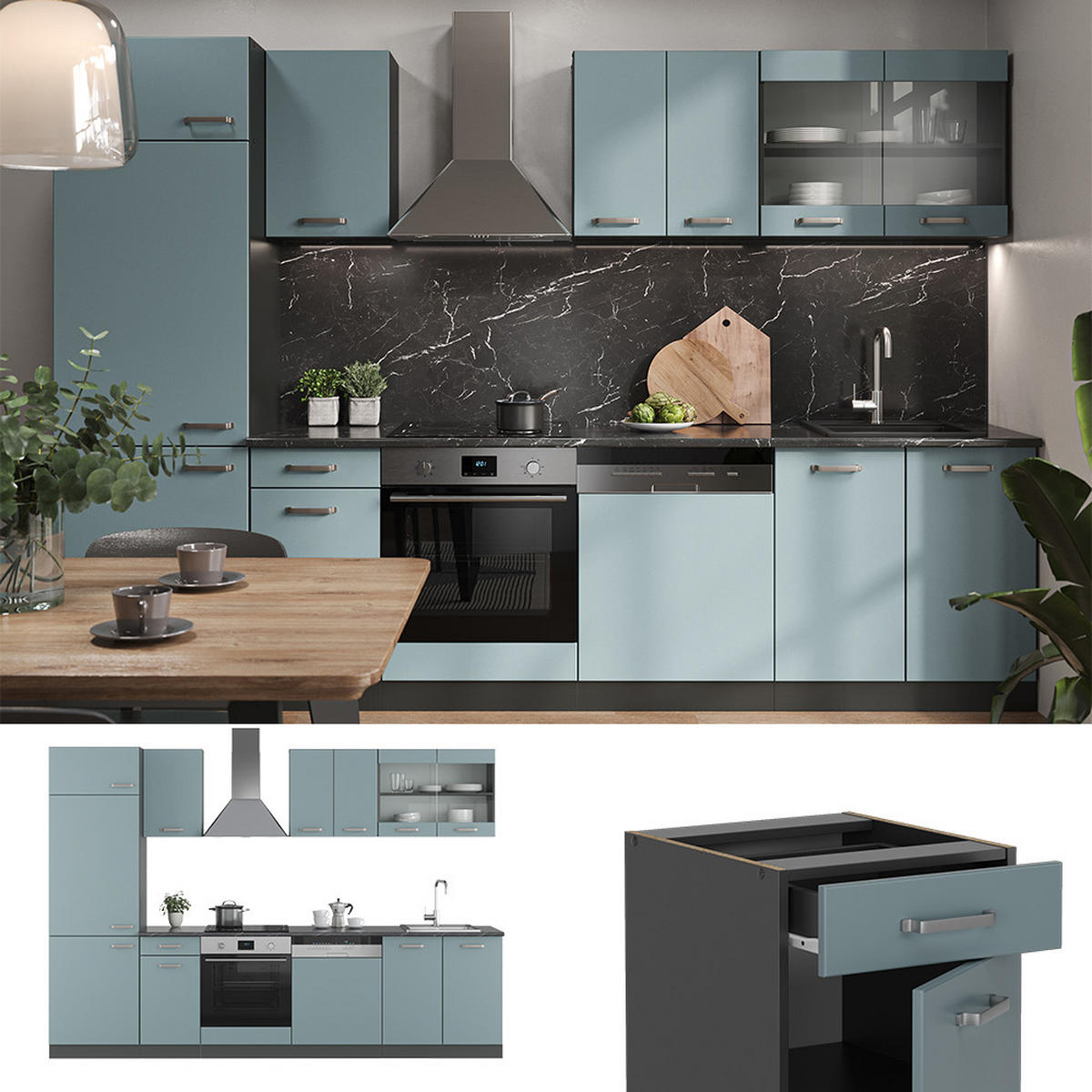KÜCHENZEILE R-Line Blau-Grau/Anthrazit 300 cm, AP Anthrazit - Anthrazit/Blaugrau, Holzwerkstoff (300/81.6/60cm) - Vicco