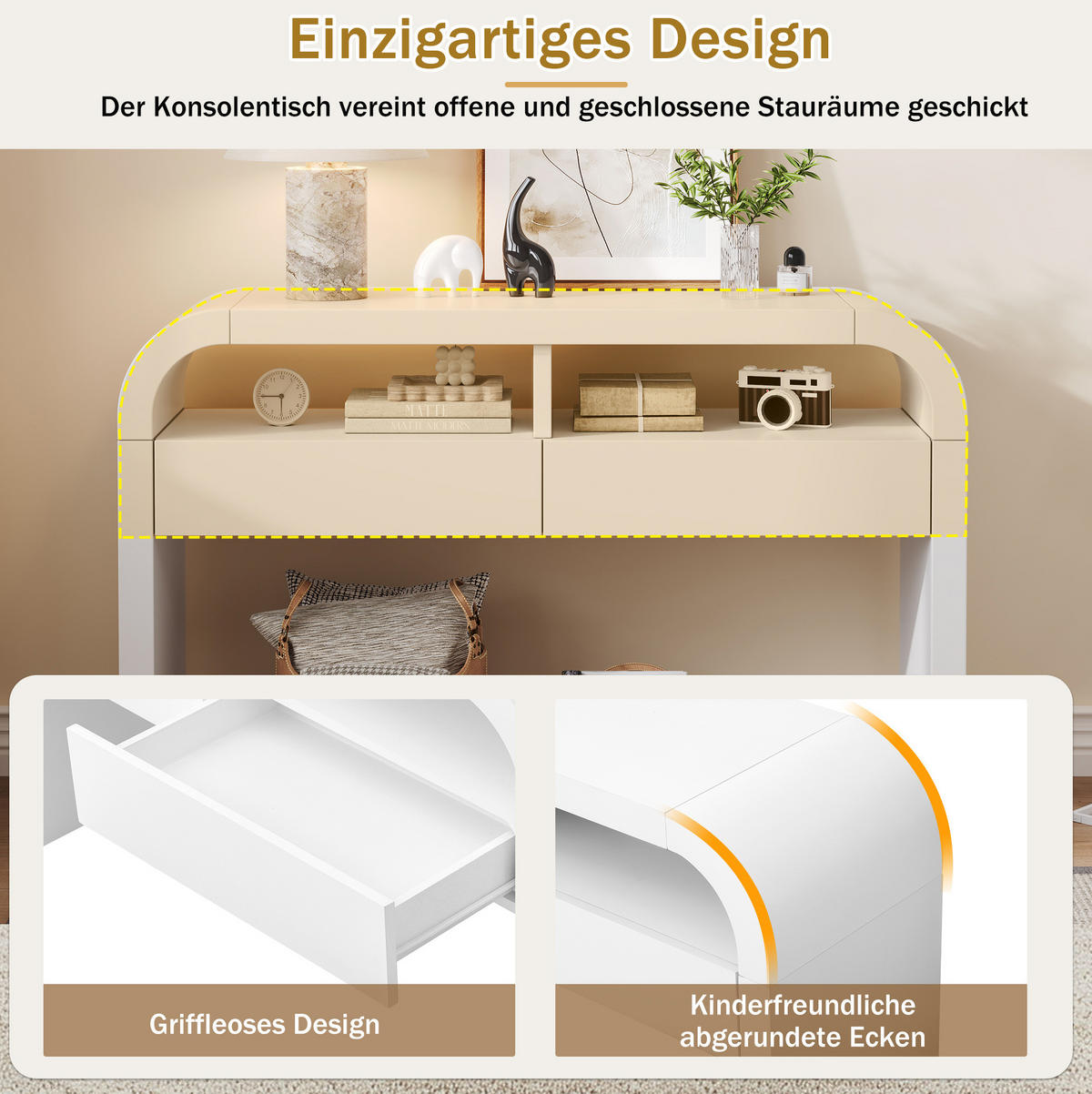 KONSOLENTISCH aus MDF 120x35,5x76,5 cm Weiß mit 2 Schubladen, offenen Fächern und verstellbaren Füßen - Weiß, Holzwerkstoff (35.5/120/76.5cm) - Modfu