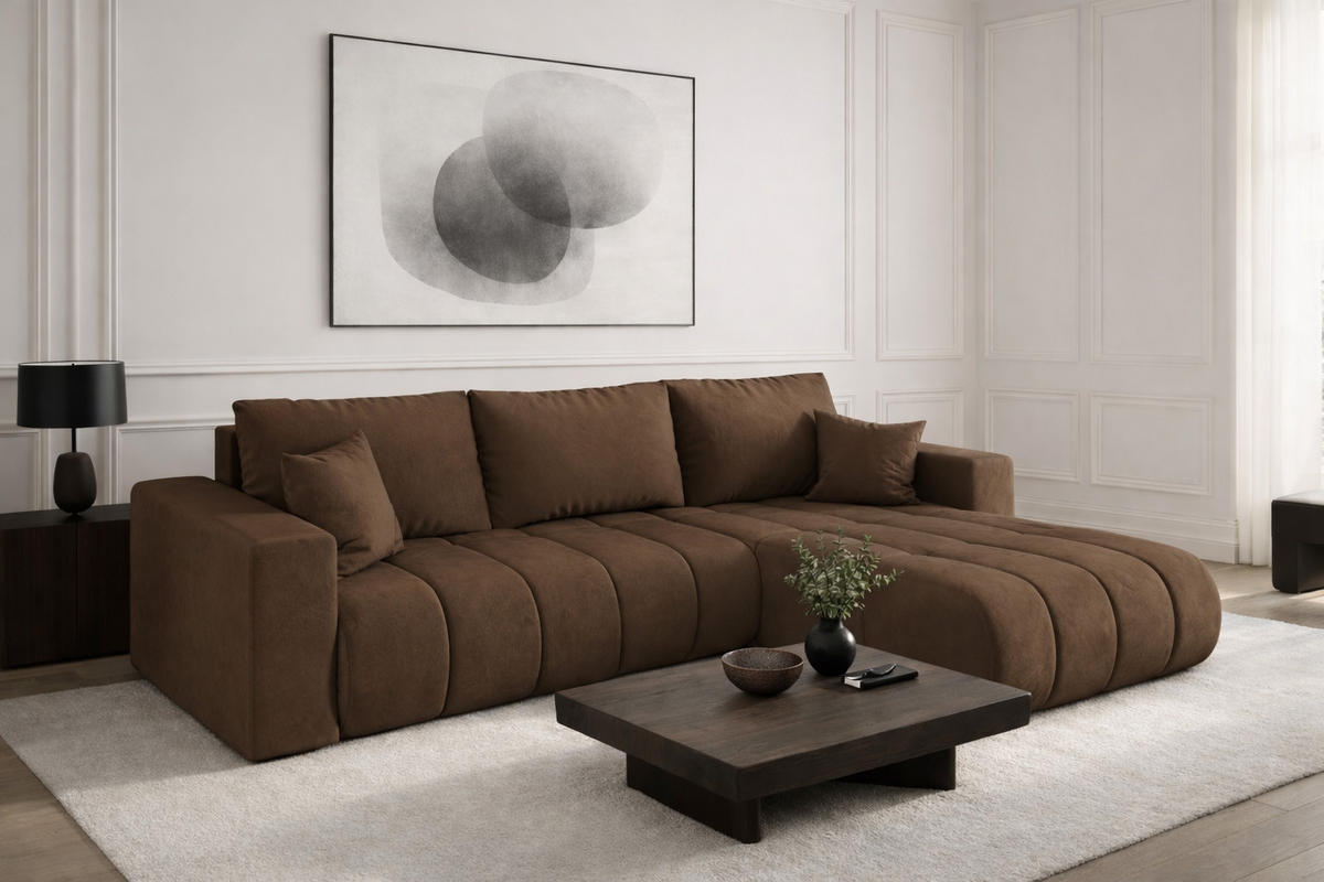 ECKSOFA mit schlaffunktion und bettkasten MILO PREMIUM, stoff MONOLITH, Hellbraun, Rechts - Hellbraun, Holz (280/190cm) - Kaiser Möbel