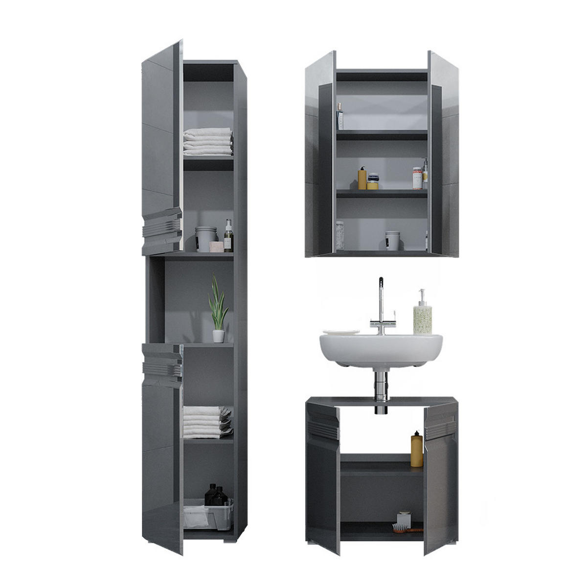 BADMÖBEL-SET Fredd Anthrazit Hochglanz 3 Teile, mit Hochschrank - Anthrazit, Holzwerkstoff (56/60/34cm) - Vicco