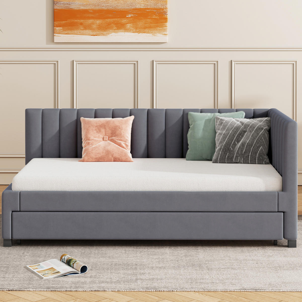 POLSTERBETT aus Samtstoff 90x200 cm Grau mit Ausziehbett, Lattenrost und gepolstertem Kopfteil - Grau, Textil (90/200cm) - Modfu