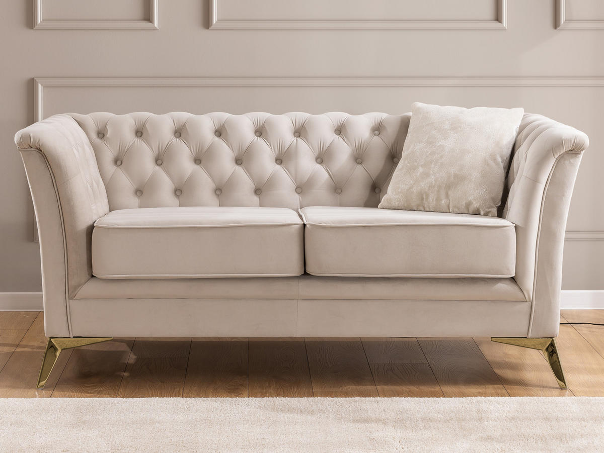 SITZGARNITUR 2+1 Chesterfield Whitby Beige Samt mit goldenen Füßen - Beige/Goldfarben, Holz/Textil (175/78/82cm) - S-Style Möbel