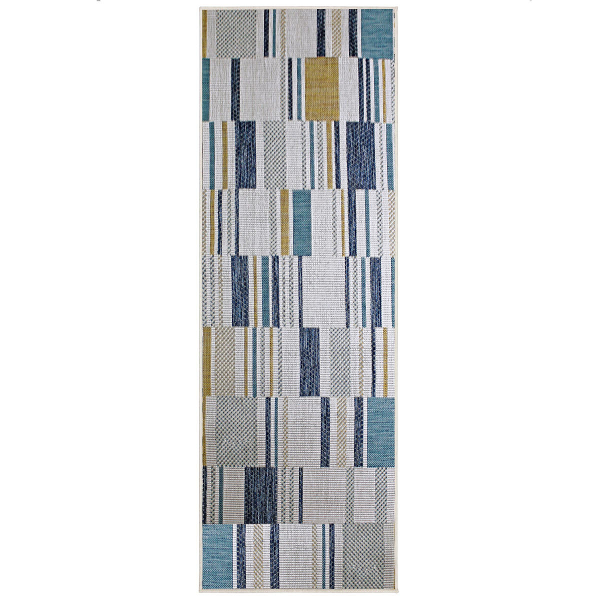 TEPPICH Outdoor Geometrische Muster, Terrasse schmutzabweisend Blau-Gelb Läufer 80x230 - Blau, Textil (80/230cm) - KADIMA DESIGN