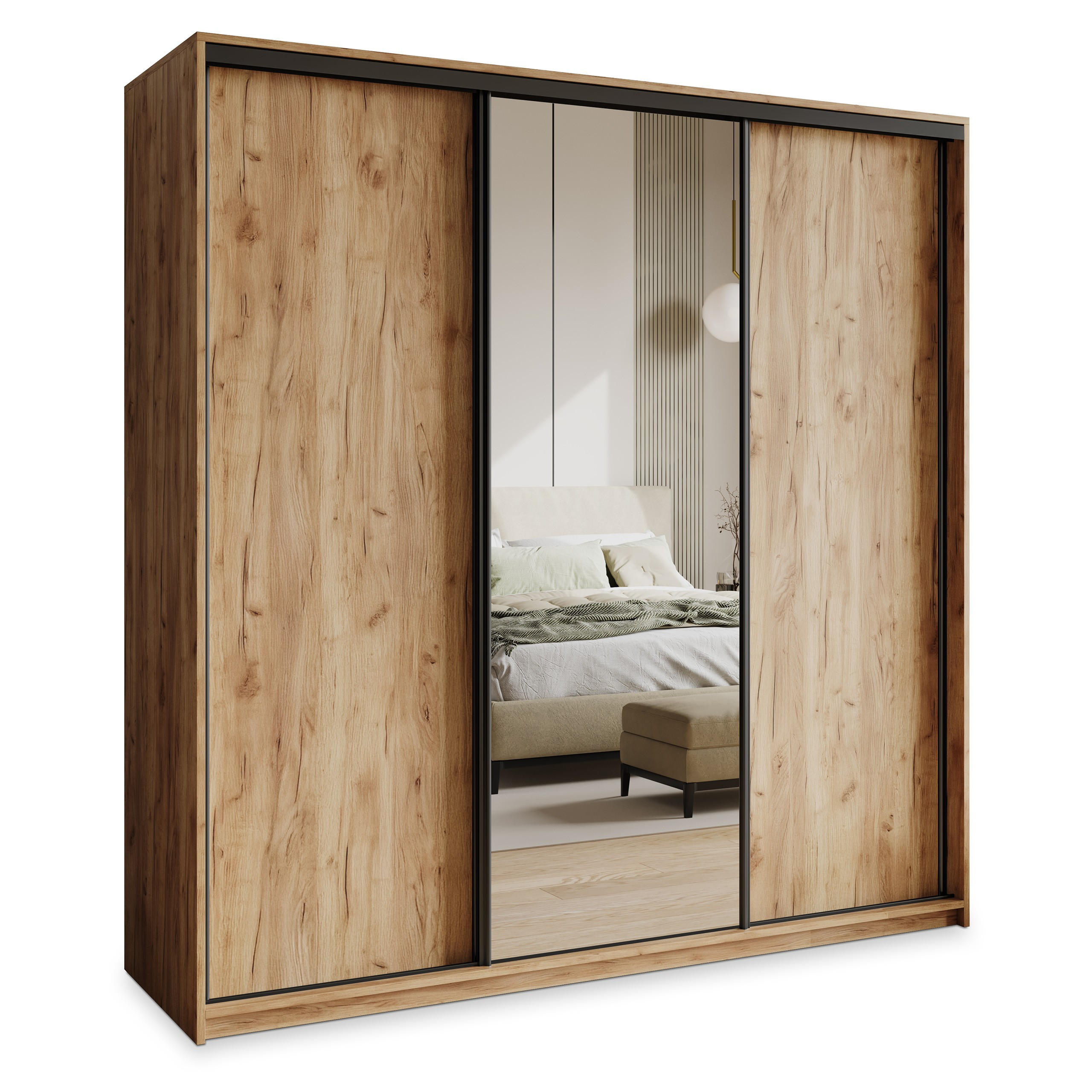 SCHWEBETÜRENSCHRANK TAVI 200/205/60 cm 3-türig mit Spiegel Orange - Orange, Holzwerkstoff (200/205/60cm) - MASSENO