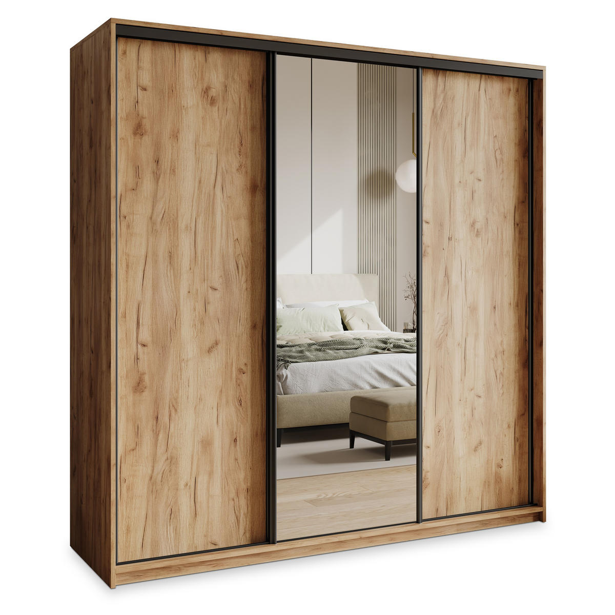 SCHWEBETÜRENSCHRANK TAVI 180/205/60 cm 3-türig mit Spiegel und Schubladen Craft Eiche Gold - Schwarz/Orange, Holzwerkstoff (180/205/60cm) - MASSENO