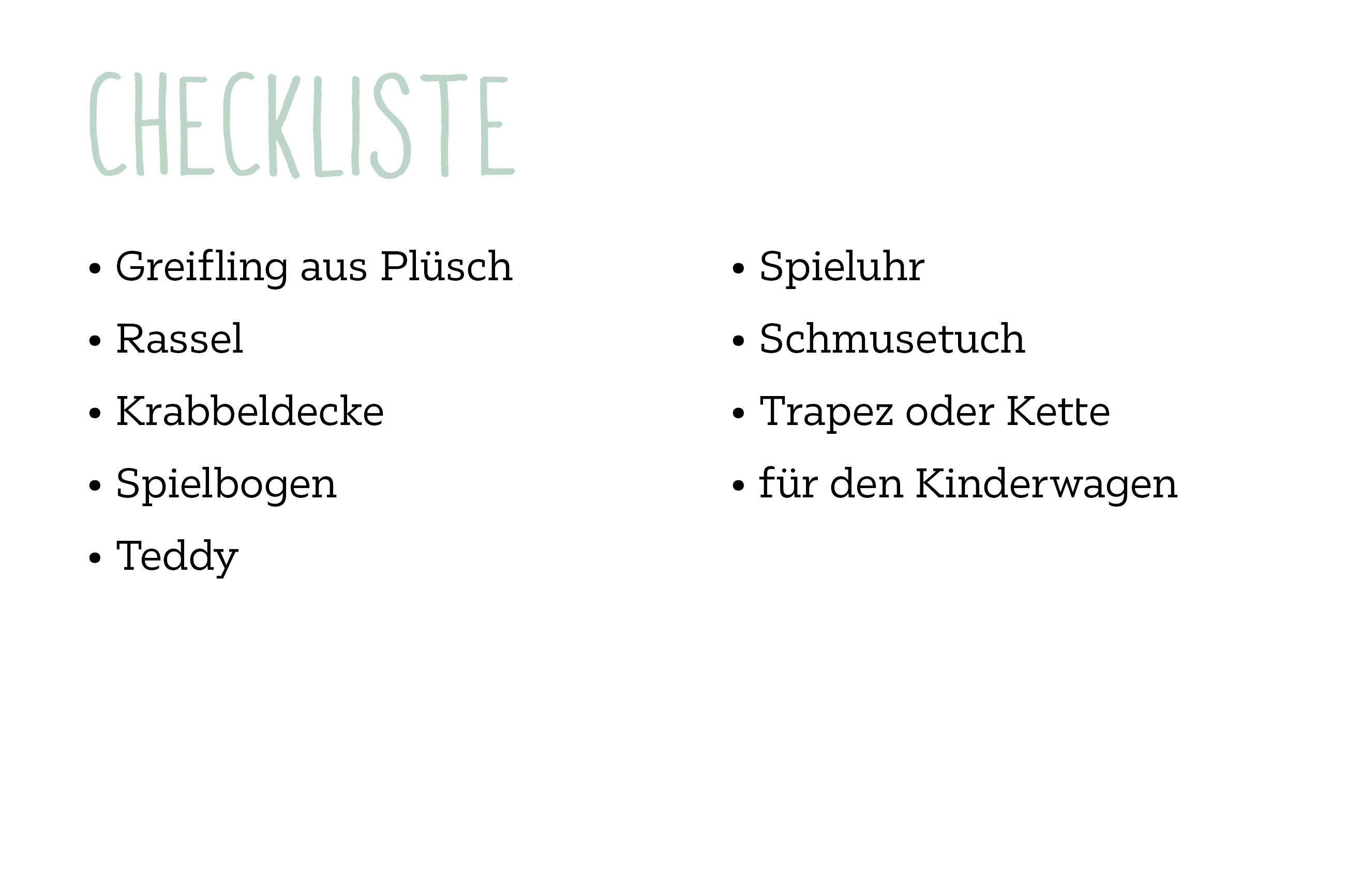 Checkliste mit Babyspielzeug und Zubehör wie Greifling, Rassel, Krabbeldecke, Spieluhr und Kinderwagenkette