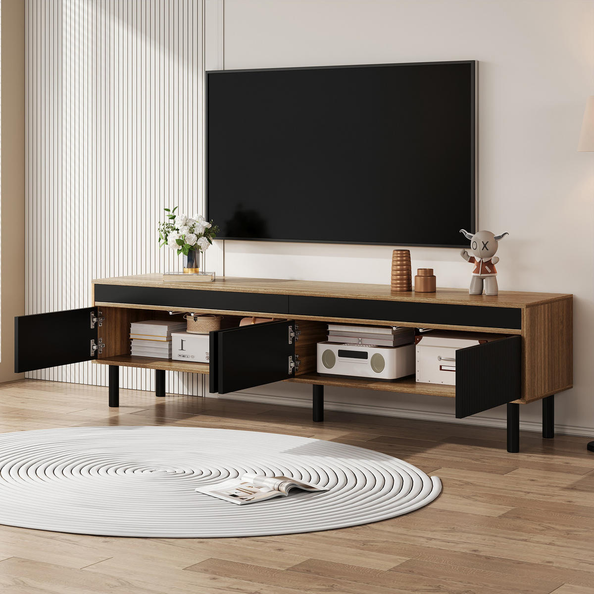 TV-SCHRANK 170cm 4 Türen Schwarz Holzoptik modern - Schwarz, Holzwerkstoff (38/47/170cm) - FLIEKS