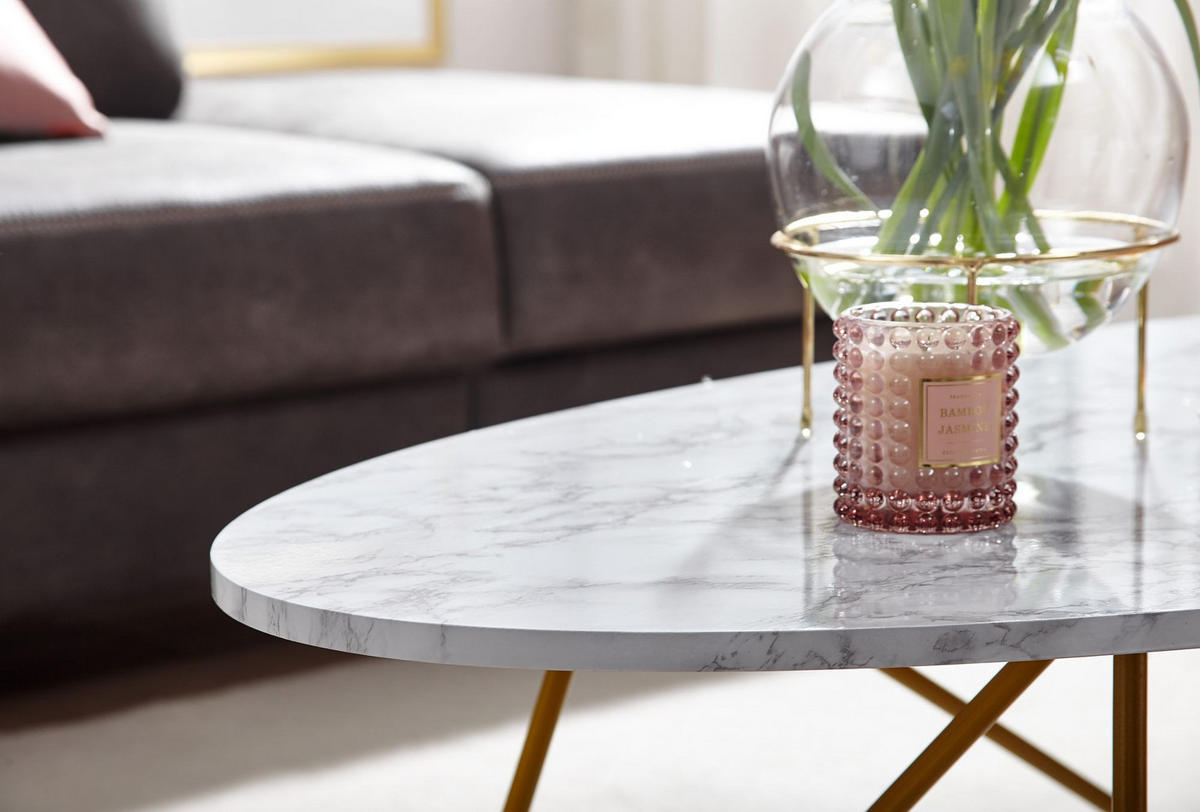 COUCHTISCH Oval in Marmor-Optik mit goldfarbenem Gestell, Maße 120x40x60 cm - Goldfarben/Weiß, Holz/Metall (60/120/40cm) - KADIMA DESIGN