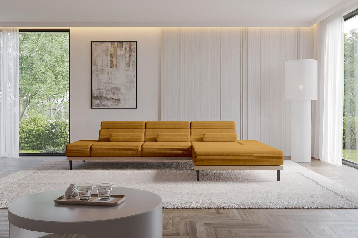 ELEKTRISCHES ECKSOFA Rechts MONA 316x205x85 Senfgelb Cord - Dunkelgelb, Holzwerkstoff/Textil (316/205cm) - ALTDECOR