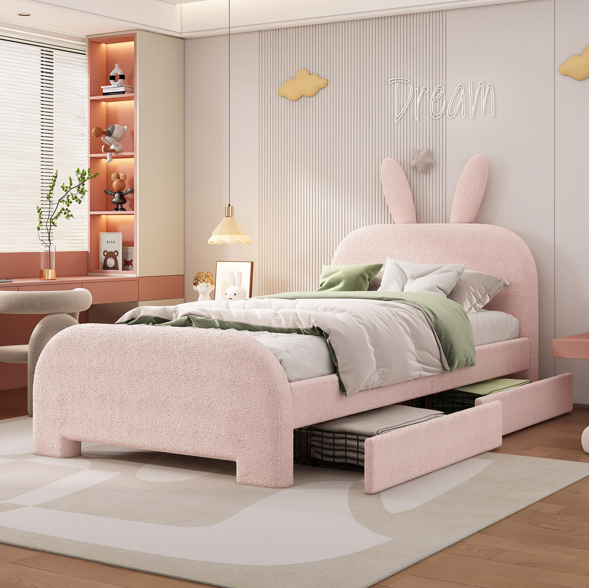 KINDERBETT Kindereinzelbetten 90/200 cm mit 2 Schubladen, gepolstertem Kaninchen-Kopfteil und MDF-Gestell, Rosa - Rosa, Textil (90/200cm) - Redom