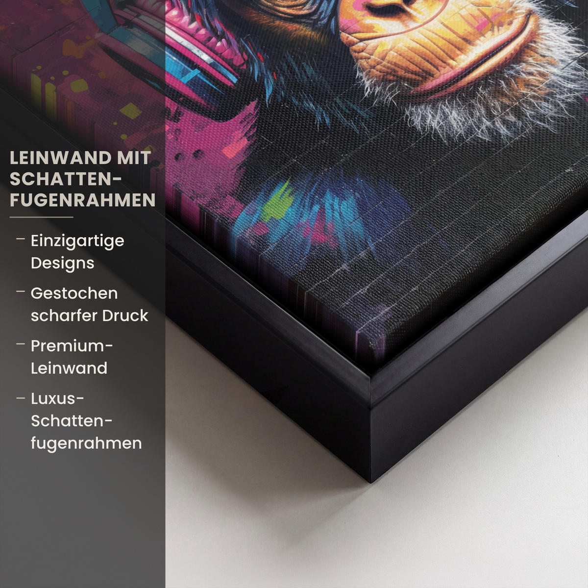 LEINWAND Bilder mit Rahmen - Graffiti - Schimpanse - Straßenkunst - Kopfhörer - Affe - 20x20 - Blau, Textil (20/20cm) - MuchoWow