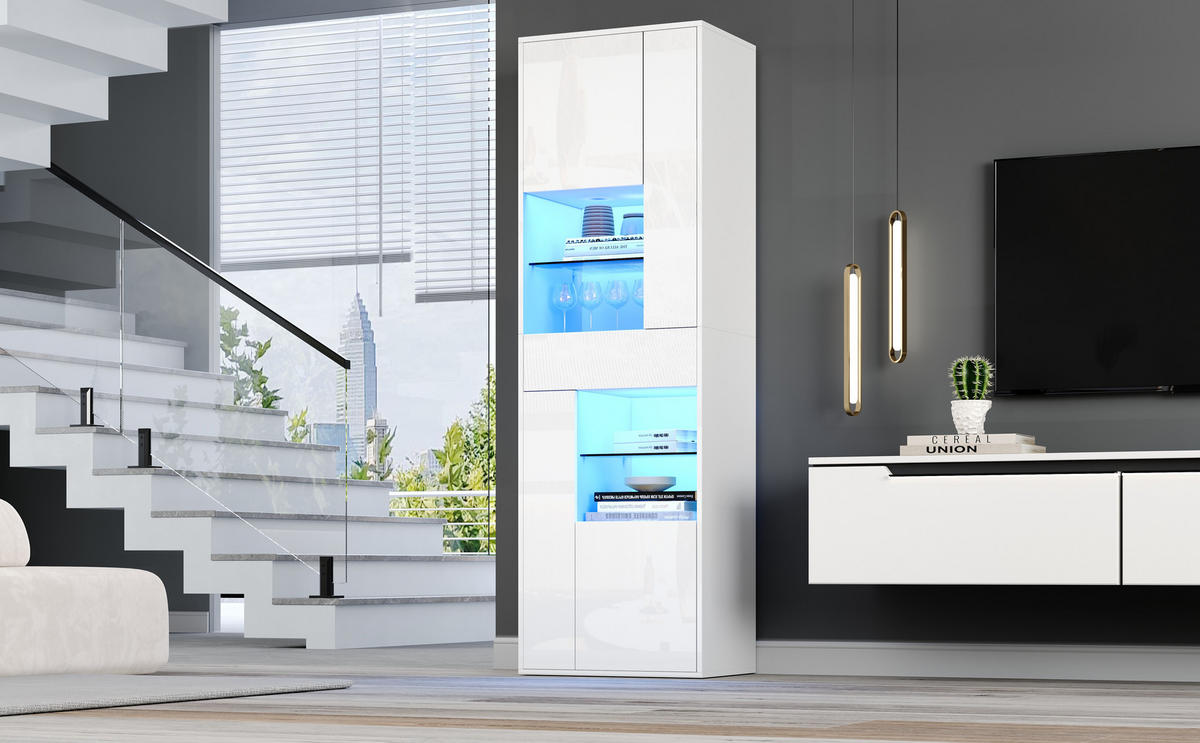 VITRINE 55/38/170 cm weiß aus Spanplatte mit LED-Hochglanzfront - Weiß, Holzwerkstoff (55/170/38cm) - OKWISH