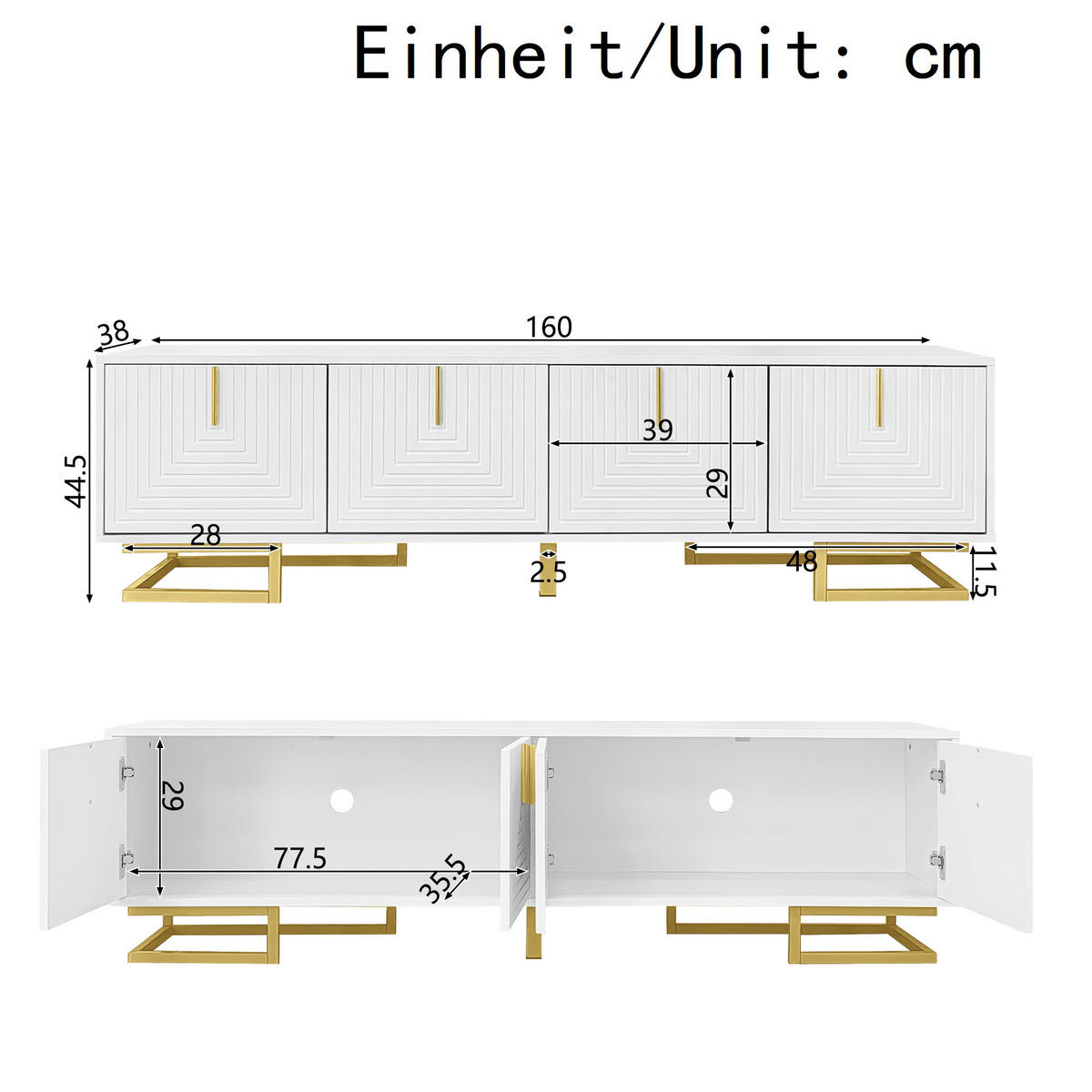 TV Lowboard Strukturfront, Schubladen, goldene Griffe, Weiß - Weiß, Holz (160/38/44cm)