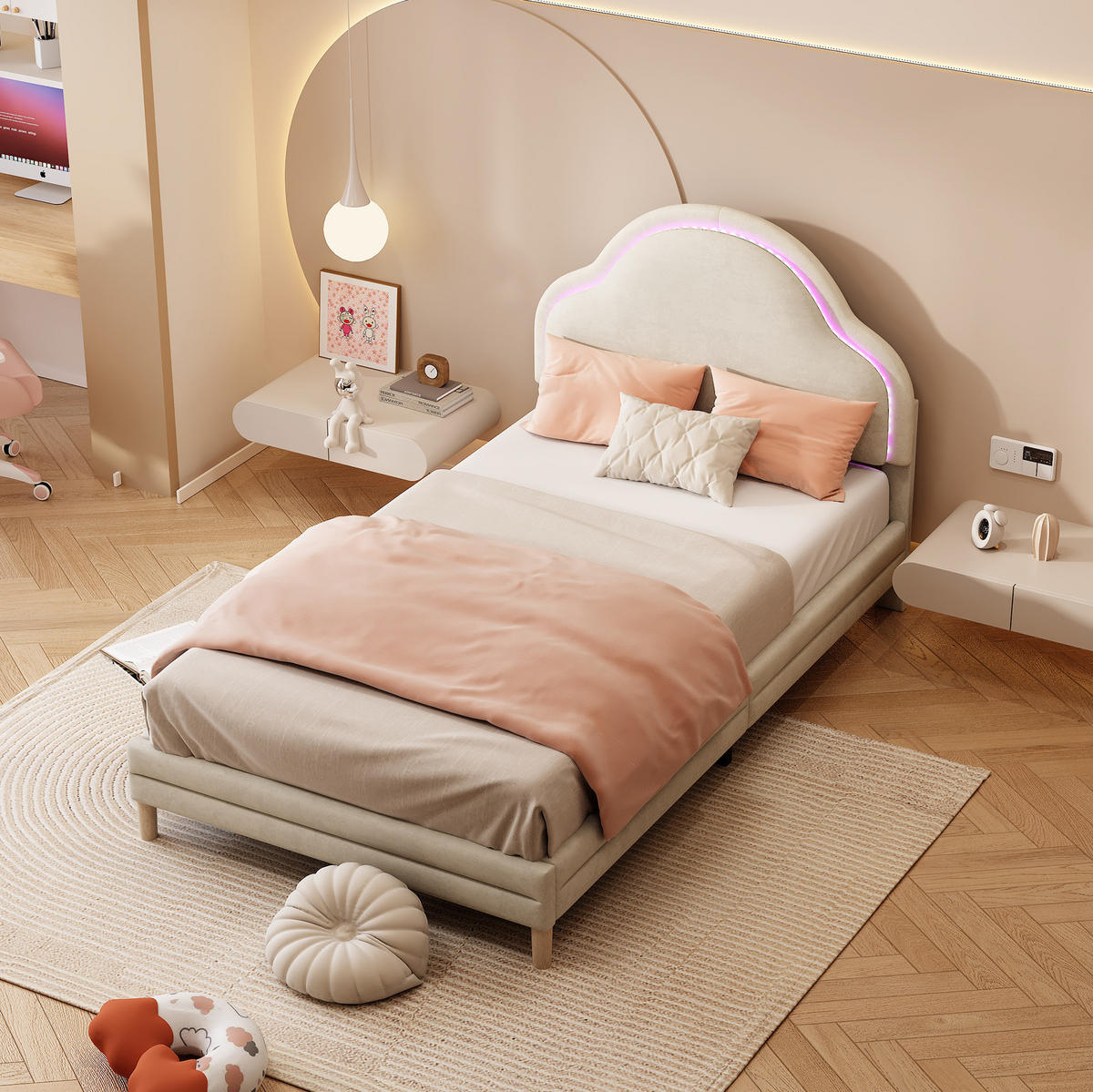 POLSTERBETT 90/200 cm aus Samt in Beige mit LED-Beleuchtung und Wolken-Kopfteil - Beige, Textil (90/200cm) - Flora Grace