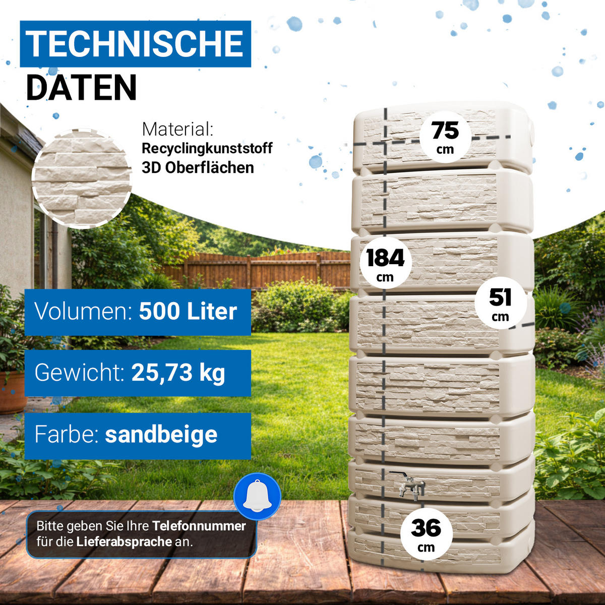 REGENTONNE Wandtank Komplett-Set 500 L, sandbeige inkl. Chrom-Doppelauslaufhahn und Fallrohranschluss - Beige, Kunststoff (75/184/51cm) - 4rain