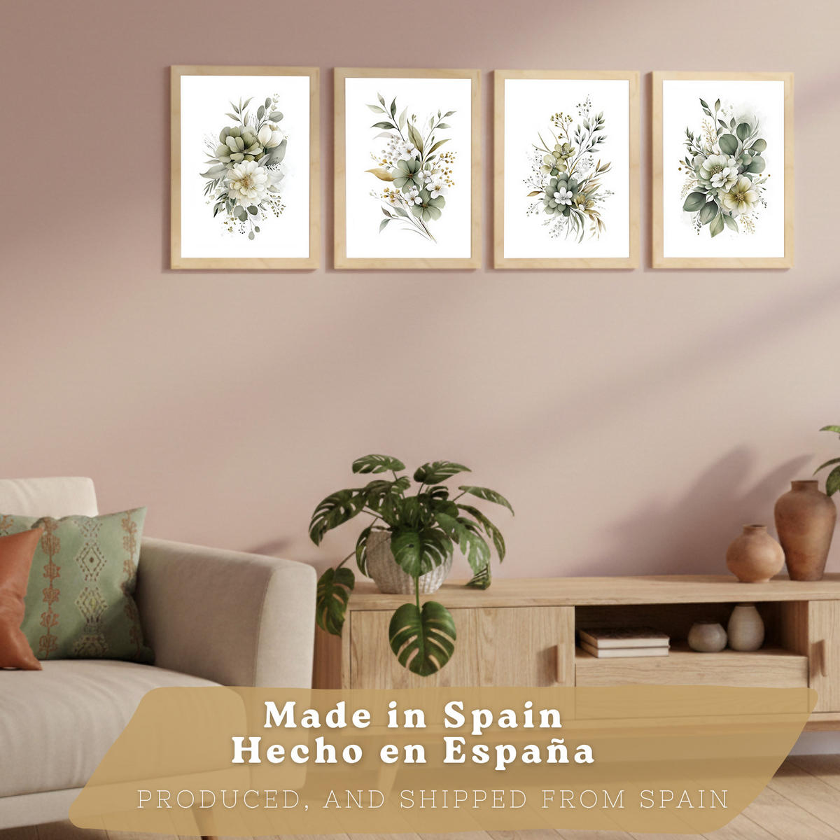 PLAKAT Sada 4 botanických uměleckých tisků. Akvarelové květinové nástěnné umění. Velikost Světlý dřevěný rám A3 - béžová, papír (29.7/42/3cm) - Nacnic