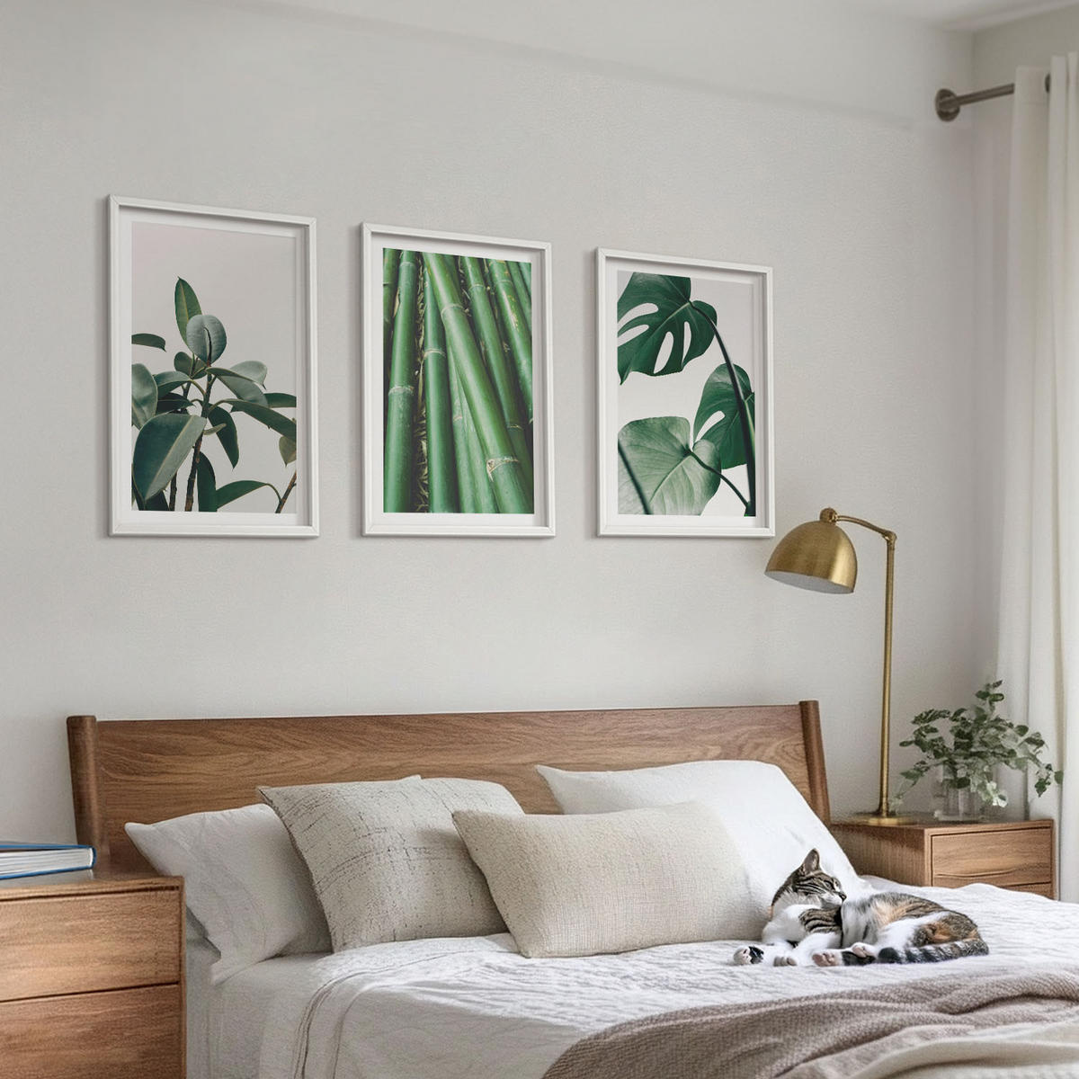 BILDER SET 3er Set - 40x60 cm Weißer Rahmen - Bambusstängel und Monstera-Blätter - Weiß, Kunststoff (40/60cm) - TULUP