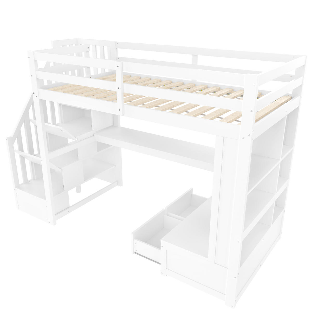 HOCHBETT 90/200 cm cm DE-03350, mit Schreibtisch, Regalen, 2 Schubladen und LED, in Weiß - Weiß, Holz/Holzwerkstoff (90/200cm) - ComfortXL