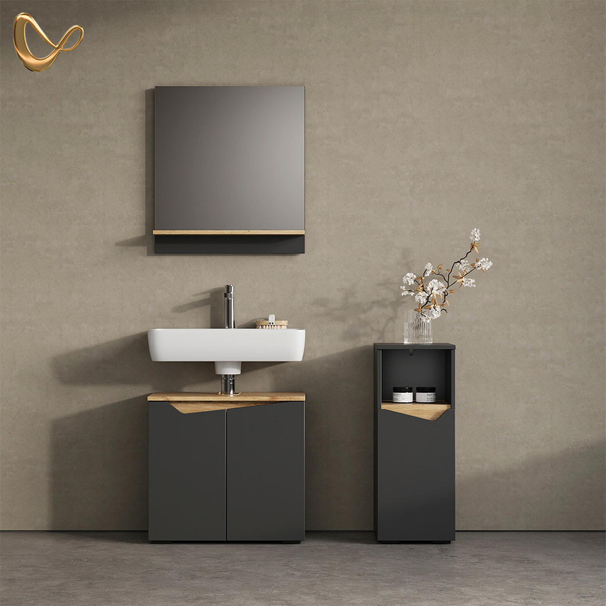 MIDISCHRANK Timavo Anthrazit 30 x 74.5 cm mit Tür und offenem Fach - Anthrazit, Holzwerkstoff (30/74.5/35cm) - Livinity®