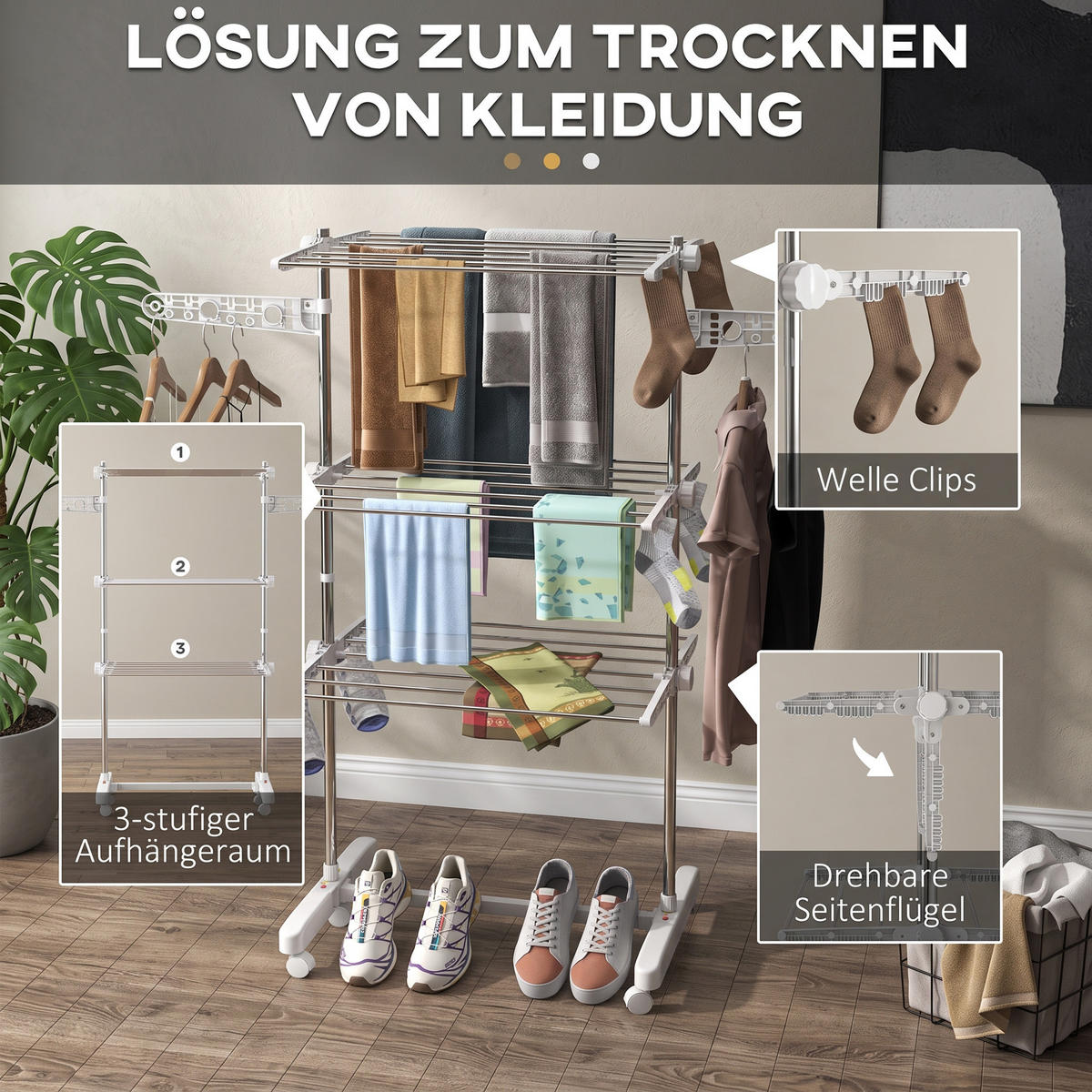 WÄSCHESTÄNDER Edelstahl ABS Weiß - Weiß, Metall (55/152/142cm) - HOMCOM