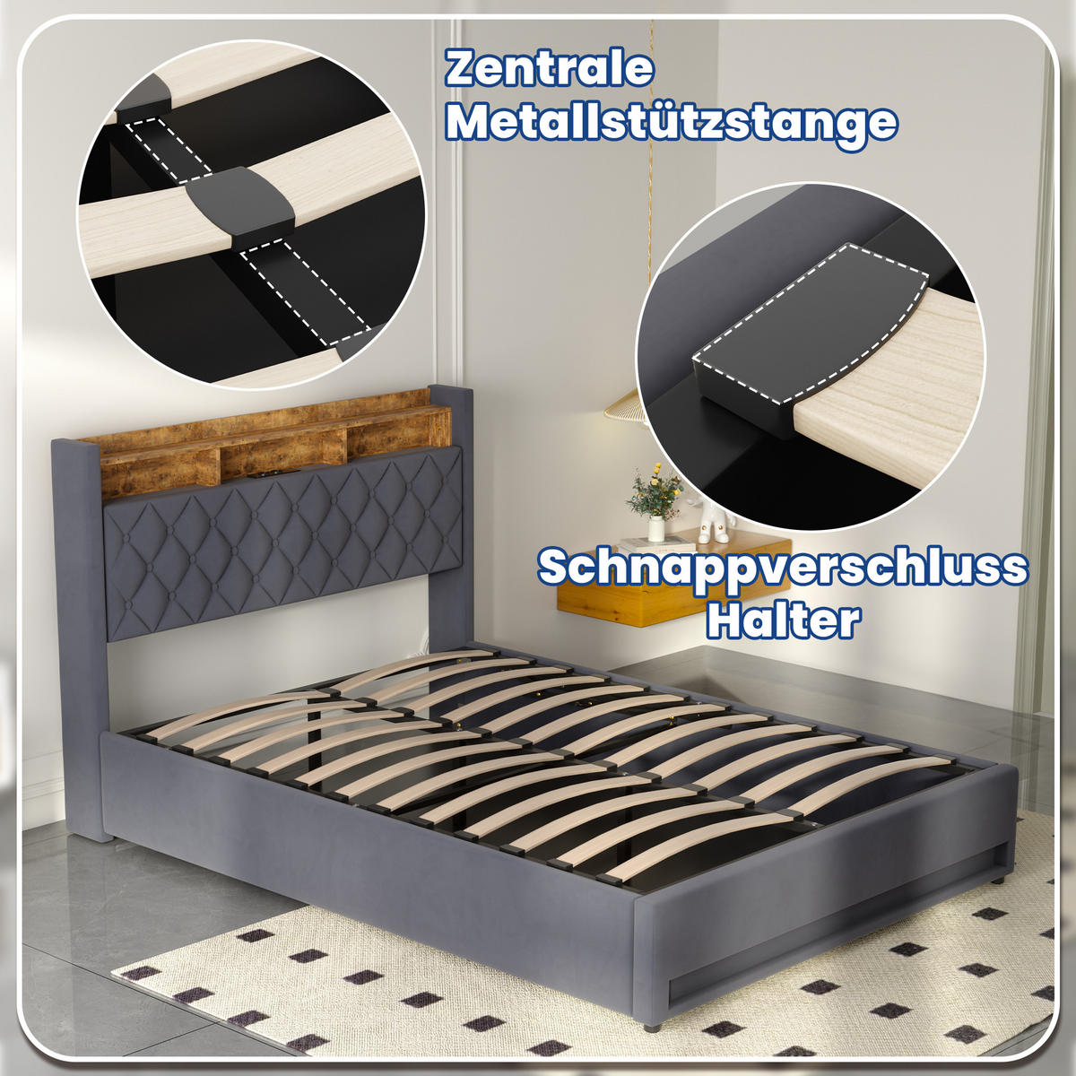 POLSTERBETT 160/200 cm in Grau Samt mit Bettkasten, LED-Beleuchtung und USB-Anschluss - Grau, Holzwerkstoff/Textil (160/200cm) - CHICFURN