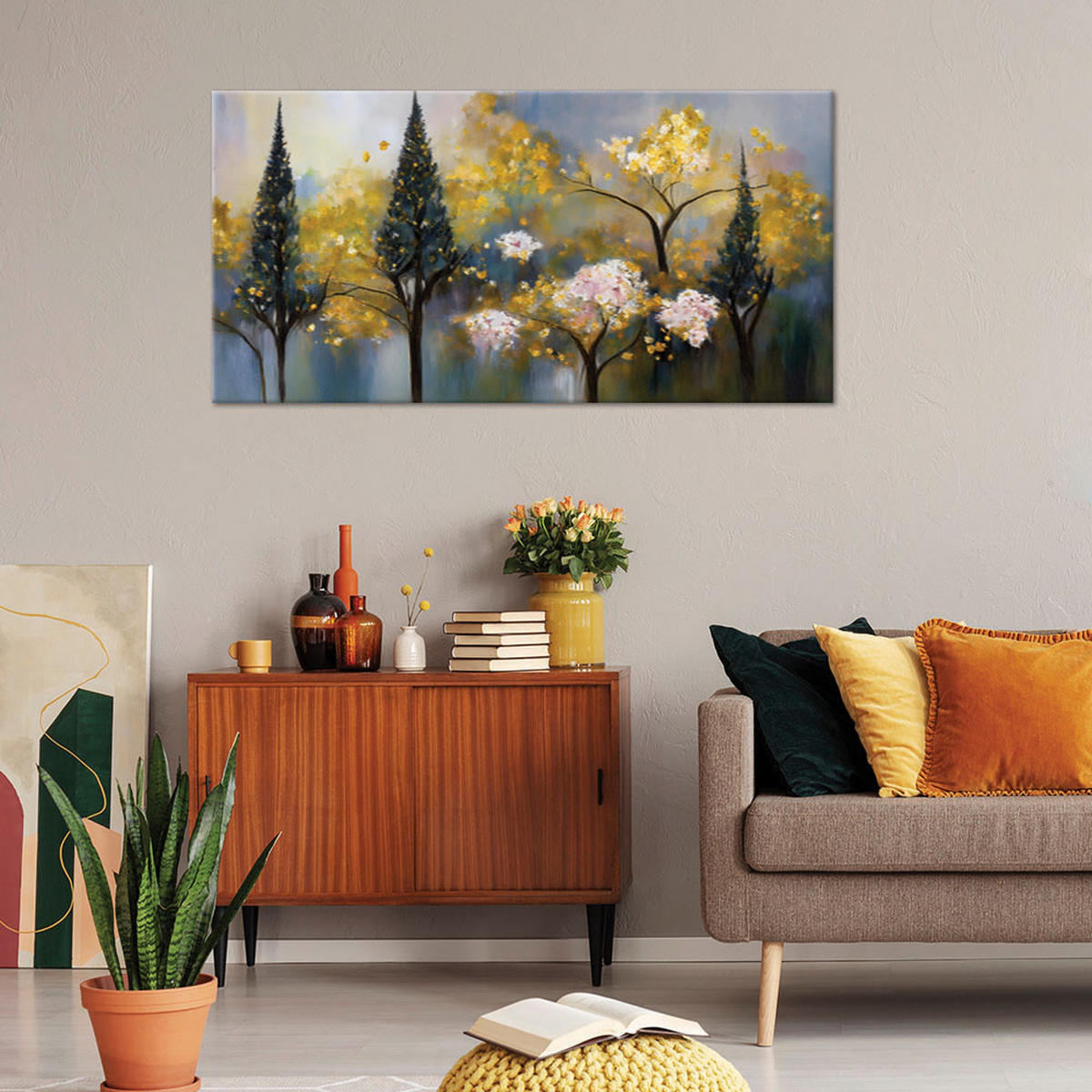 LEINWANDBILD Blühende Bäume abstrakt golden - Goldfarben, Textil (80/40cm) - Feeby