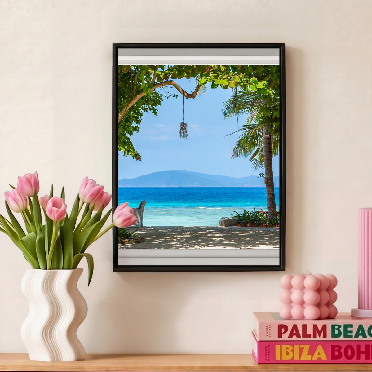 LEINWAND Bilder mit Rahmen - Aussicht - Baum - Meer - Palme - Hügel - Strand - Blau - 30x40 - Blau, Textil (30/40cm) - MuchoWow