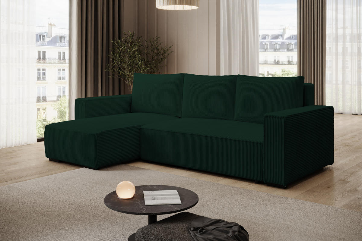 ECKSOFA CUDDY L, Eckcouch in L-Form mit Schlaffunktion und Bettkasten, Farbe: Grün, Cordstoff, Ottomane Links - Grün, Textil (240/140cm) - Storez24