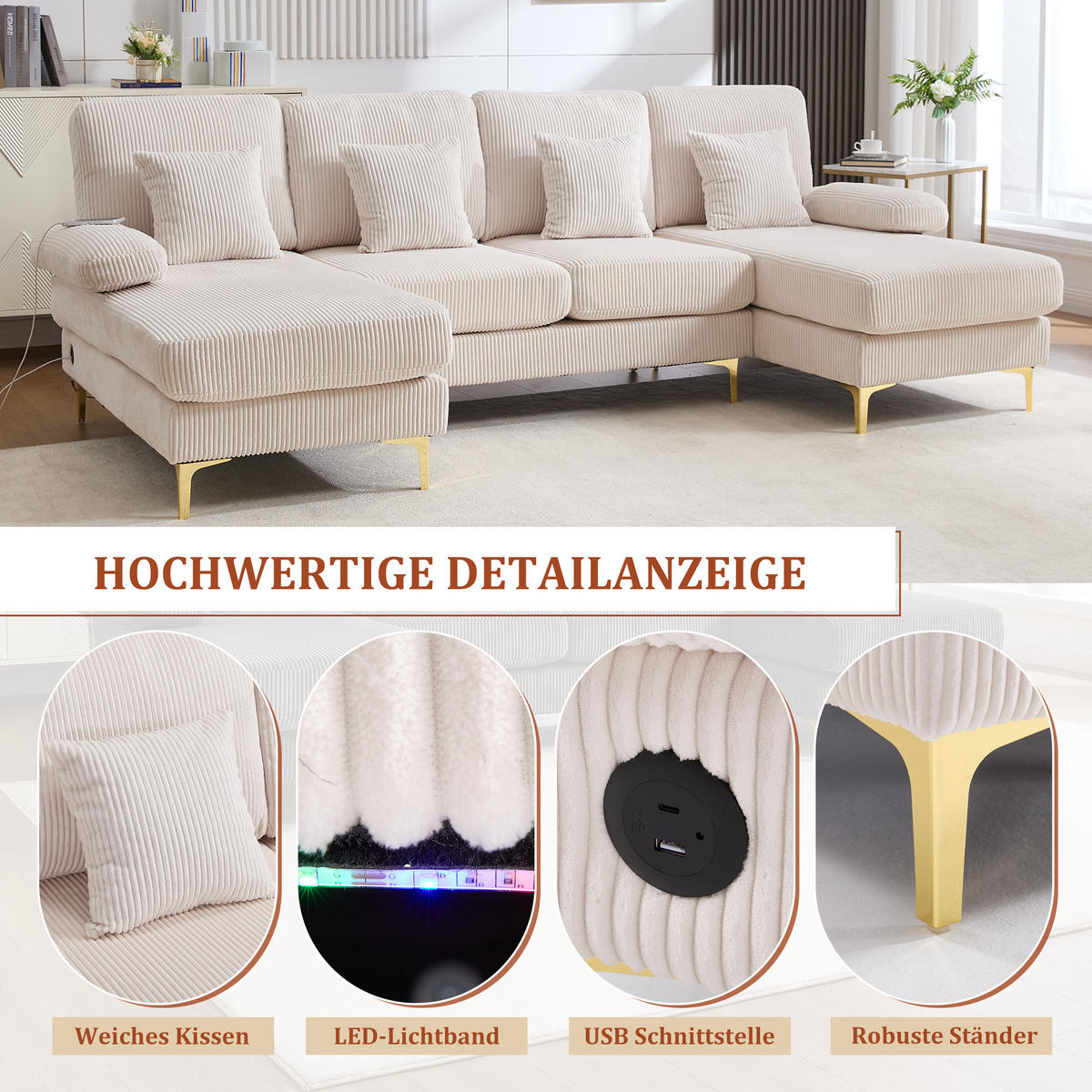 U-FORM Wohnlandschaft Samt mit LED und USB-Anschluss 265/135/88 cm Beige - Beige, Textil (135/88/265cm) - Redom