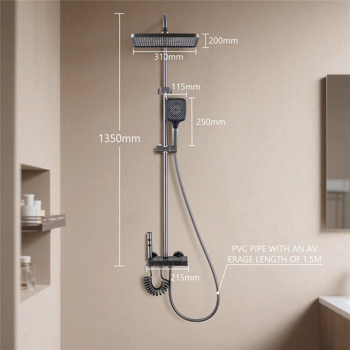 ÜBERKOPFBRAUSESET LED Messing Thermostat Dusche - Dunkelgrau, Metall (20/135/31cm) - Kaket