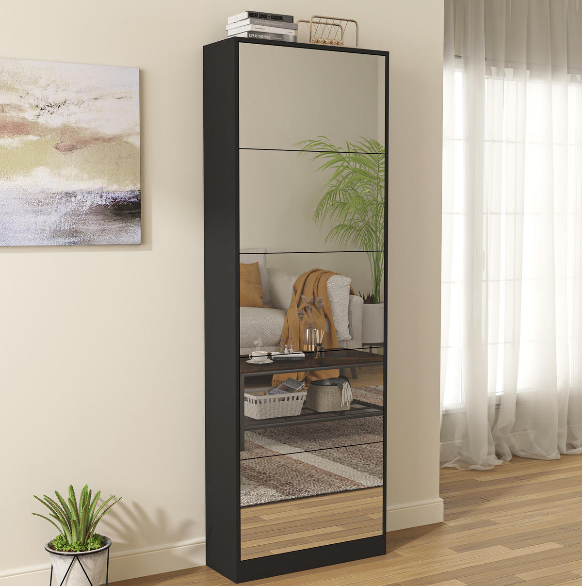 SCHUHSCHRANK 63/24/185 cm schwarz aus MDF mit Spiegel und 5 Klappen - Schwarz, Holzwerkstoff (63/185/24cm) - OKWISH